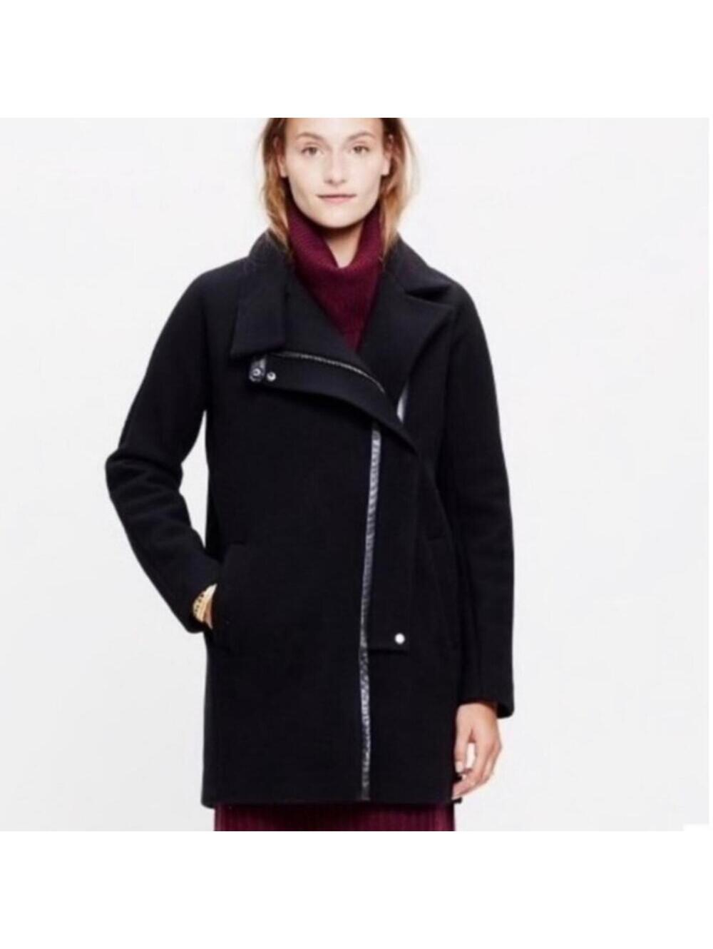 Madewell City Grid Cocoon Warm Coat Black Wool Full Zip Leather Trim Jacket 00